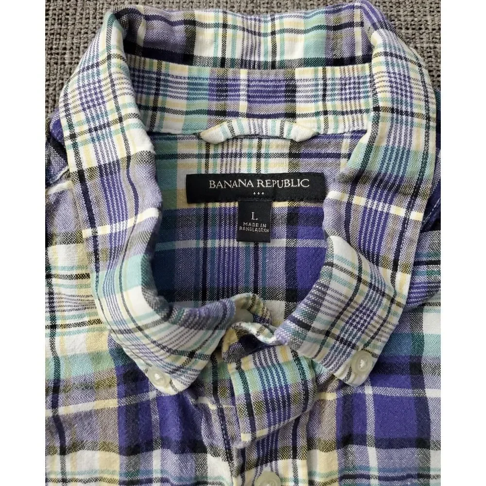 Banana Republic Men's Linen Cotton Blue Green Yellow Plaid‎ Casual Shirt Size L